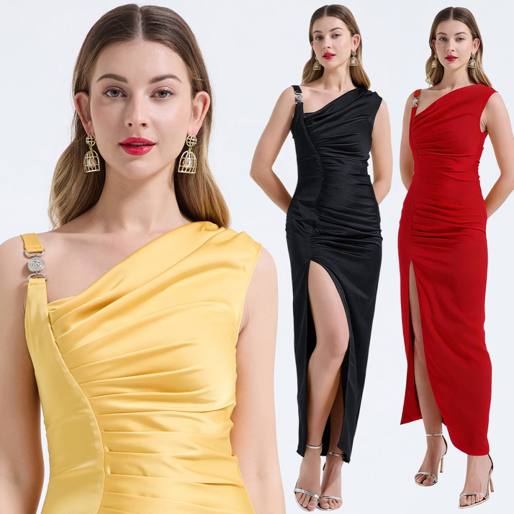 CM-DY068238 Women Elegant European Style Satin Sleeveless Fold Clipping Medium Waist Sheath Dress (Available in 3 colors)