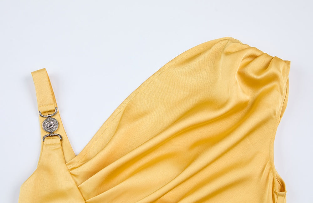 CM-DY068238 Women Elegant European Style Satin Sleeveless Fold Clipping Medium Waist Sheath Dress (Available in 3 colors)