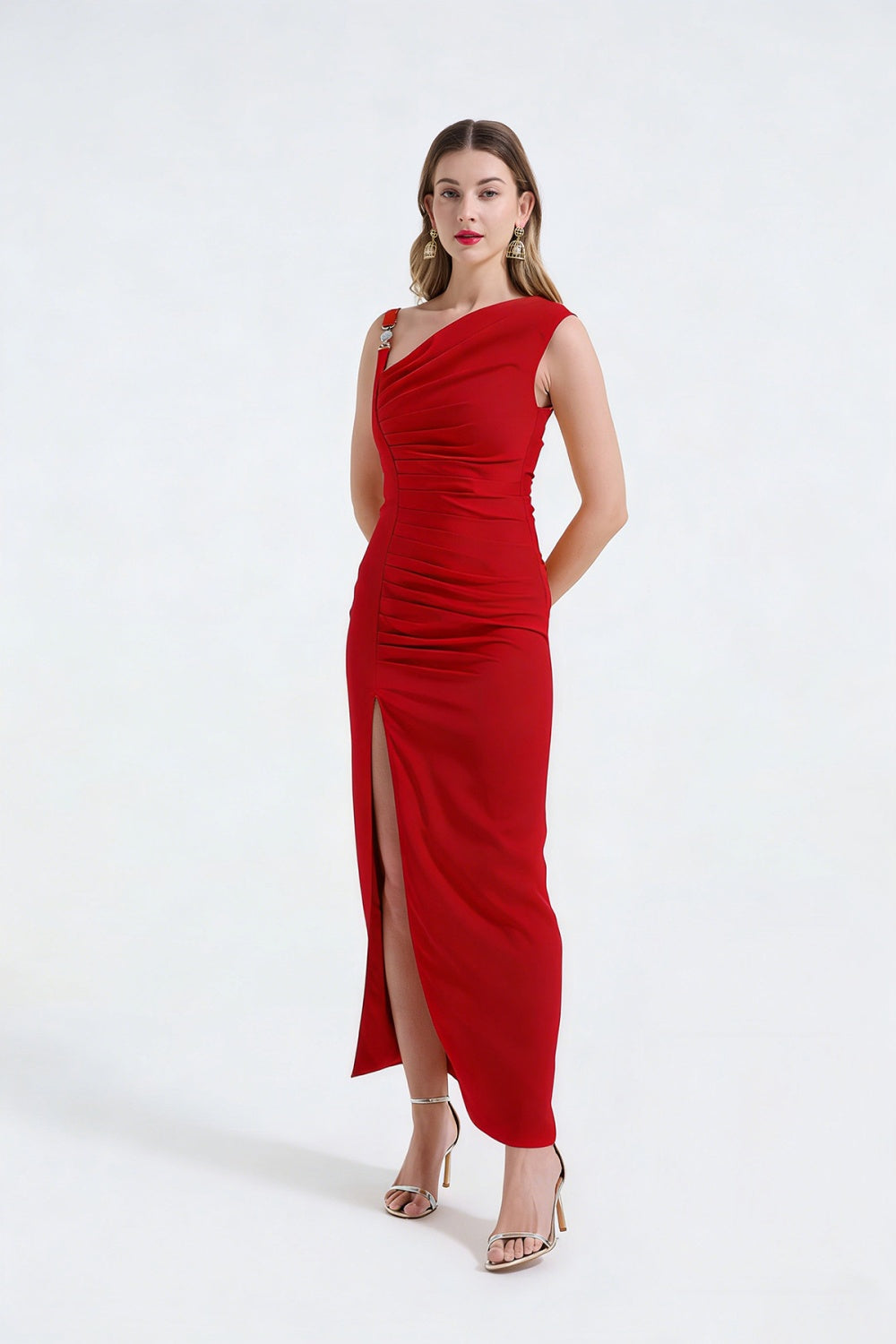 CM-DY068238 Women Elegant European Style Satin Sleeveless Fold Clipping Medium Waist Sheath Dress (Available in 3 colors)