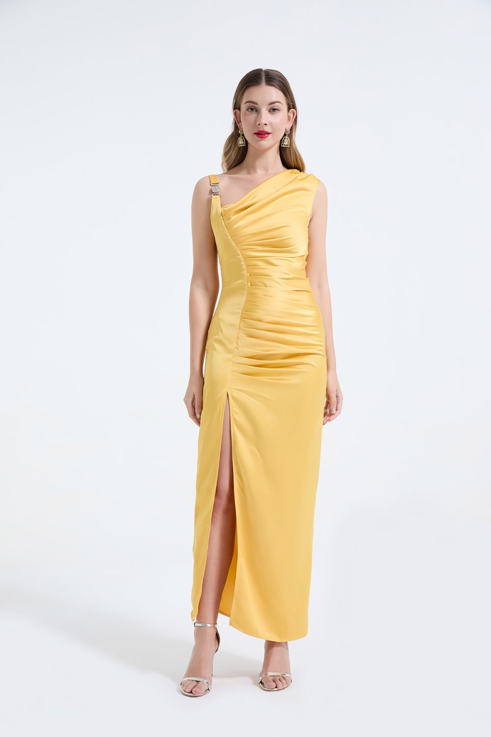 CM-DY068238 Women Elegant European Style Satin Sleeveless Fold Clipping Medium Waist Sheath Dress (Available in 3 colors)