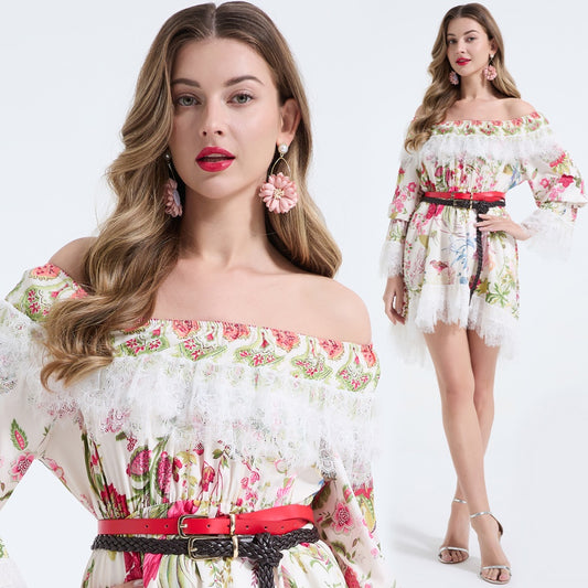 CM-DY068239 Women Elegant European Style Lace Floral Print Strapless Long Sleeve Mini Dress