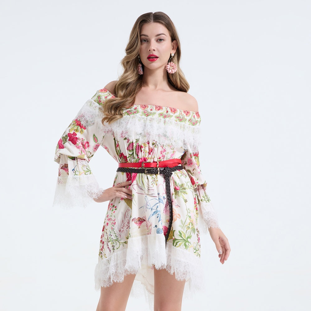 CM-DY068239 Women Elegant European Style Lace Floral Print Strapless Long Sleeve Mini Dress