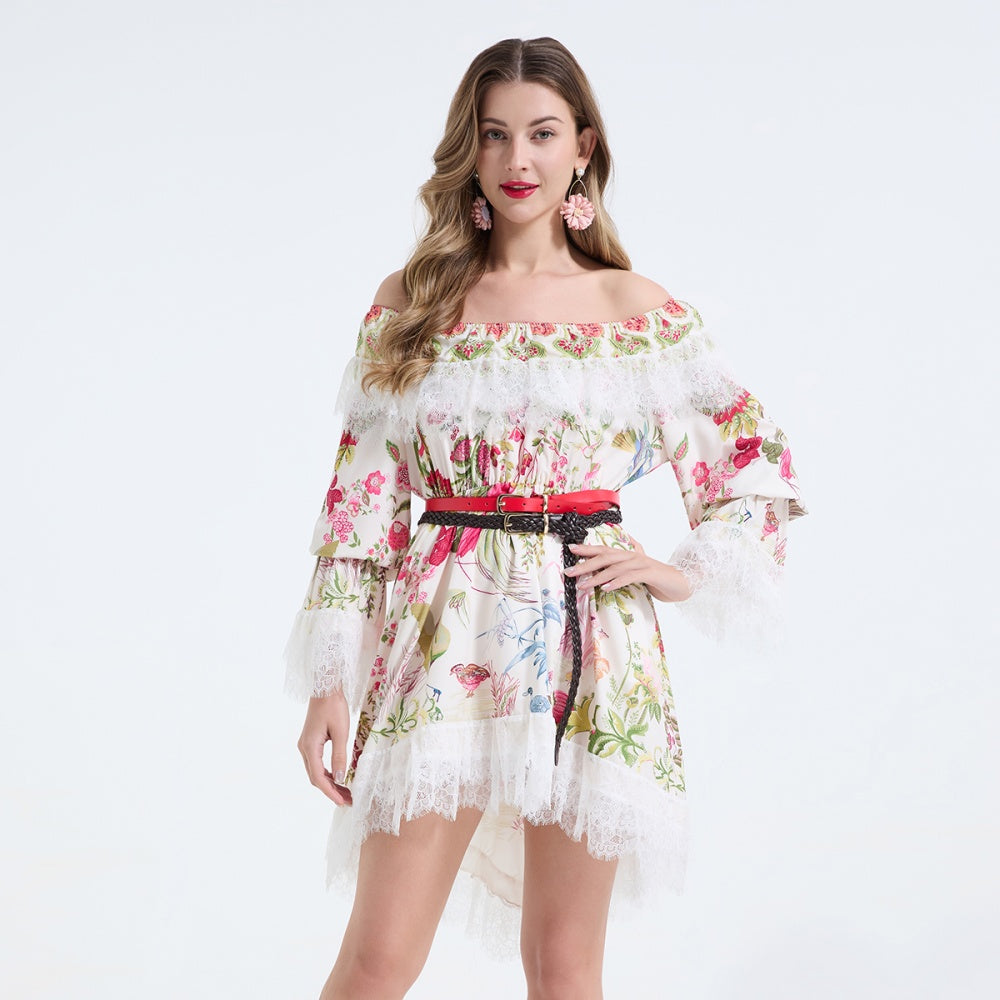 CM-DY068239 Women Elegant European Style Lace Floral Print Strapless Long Sleeve Mini Dress