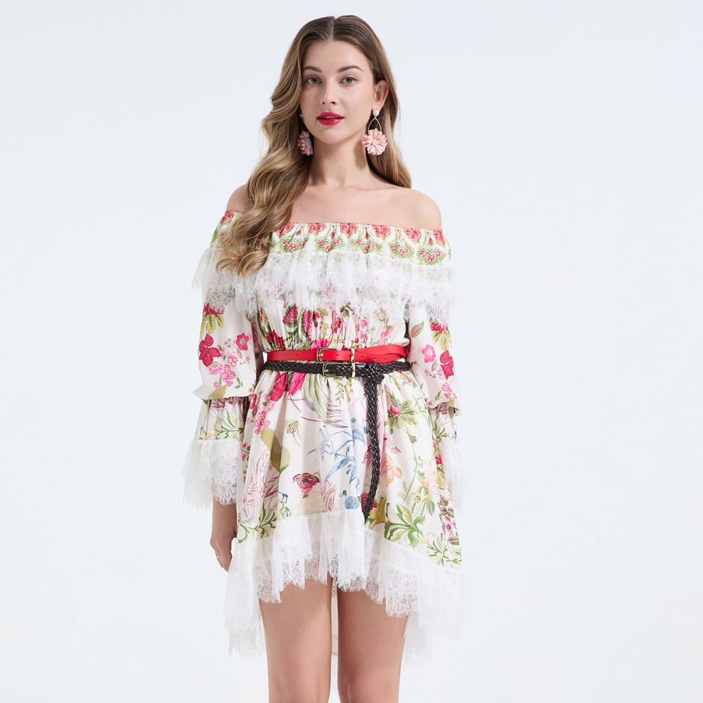 CM-DY068239 Women Elegant European Style Lace Floral Print Strapless Long Sleeve Mini Dress