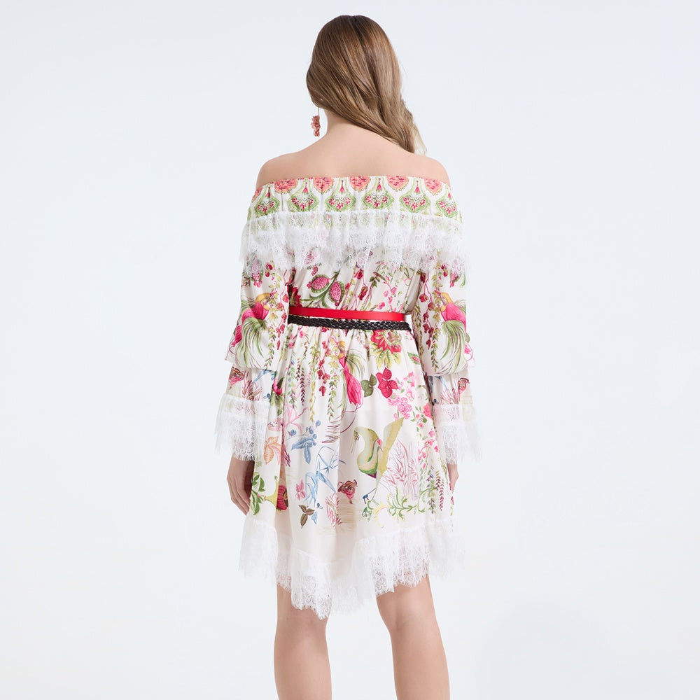 CM-DY068239 Women Elegant European Style Lace Floral Print Strapless Long Sleeve Mini Dress