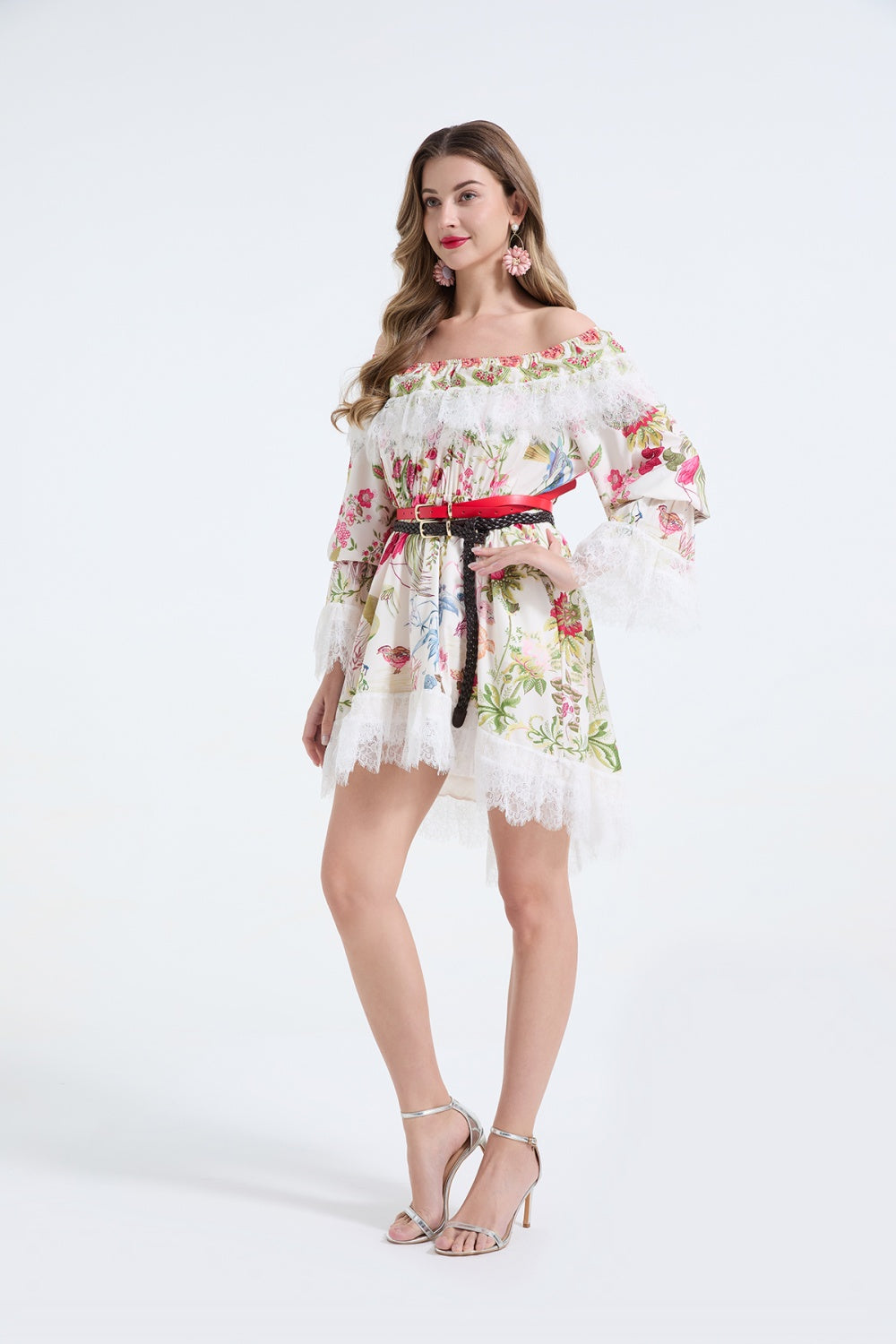 CM-DY068239 Women Elegant European Style Lace Floral Print Strapless Long Sleeve Mini Dress