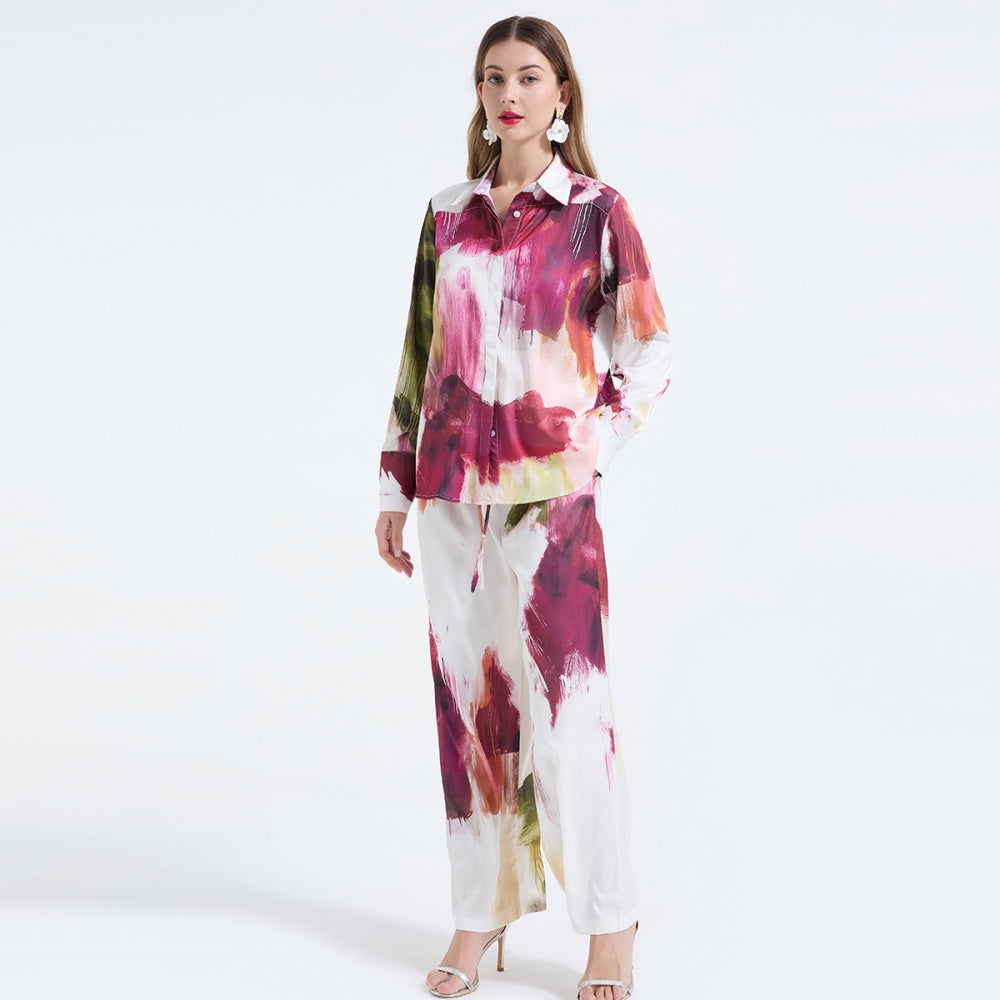 CM-SY068240 Women Elegant European Style Collar Neckline Long Sleeve Polo Shirt With Wide-Leg Pants - Set