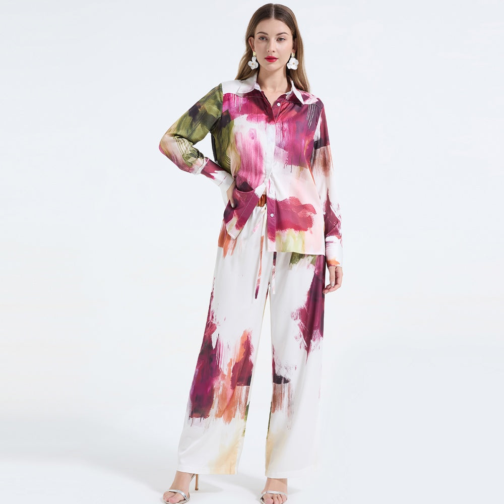CM-SY068240 Women Elegant European Style Collar Neckline Long Sleeve Polo Shirt With Wide-Leg Pants - Set