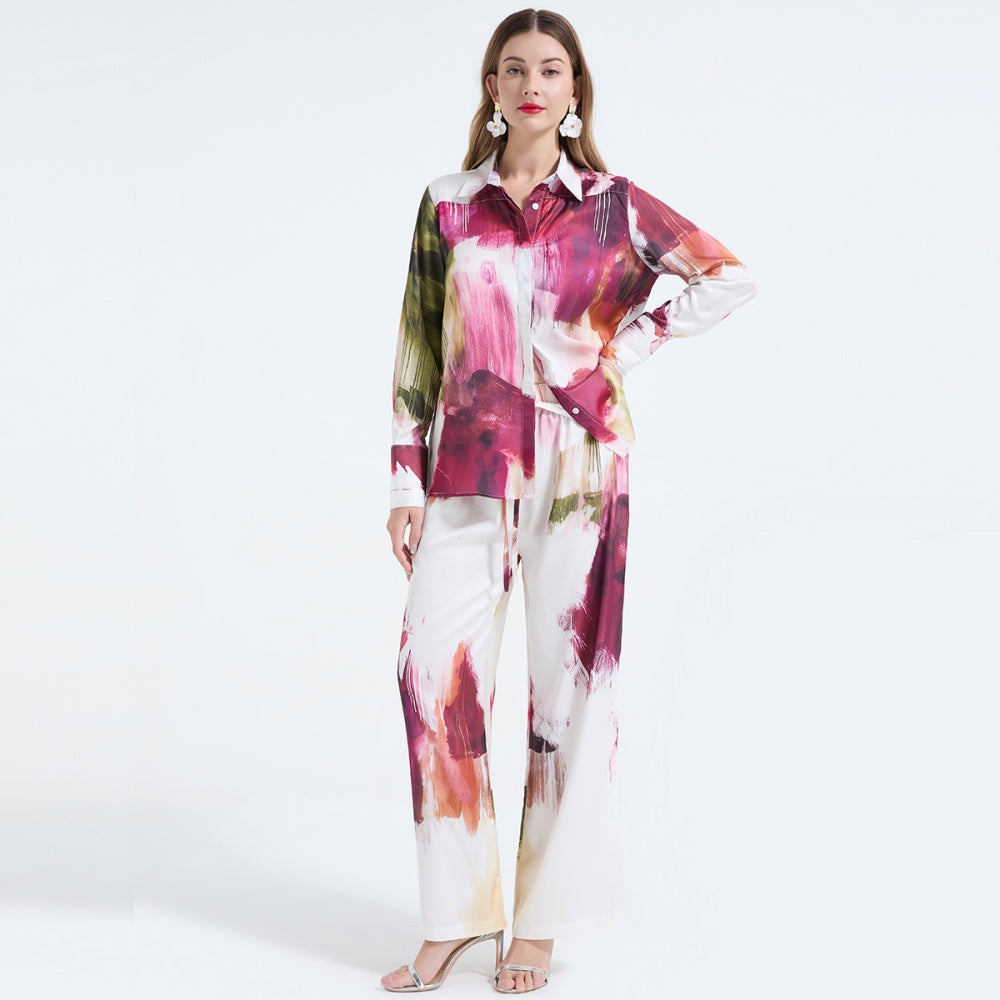 CM-SY068240 Women Elegant European Style Collar Neckline Long Sleeve Polo Shirt With Wide-Leg Pants - Set