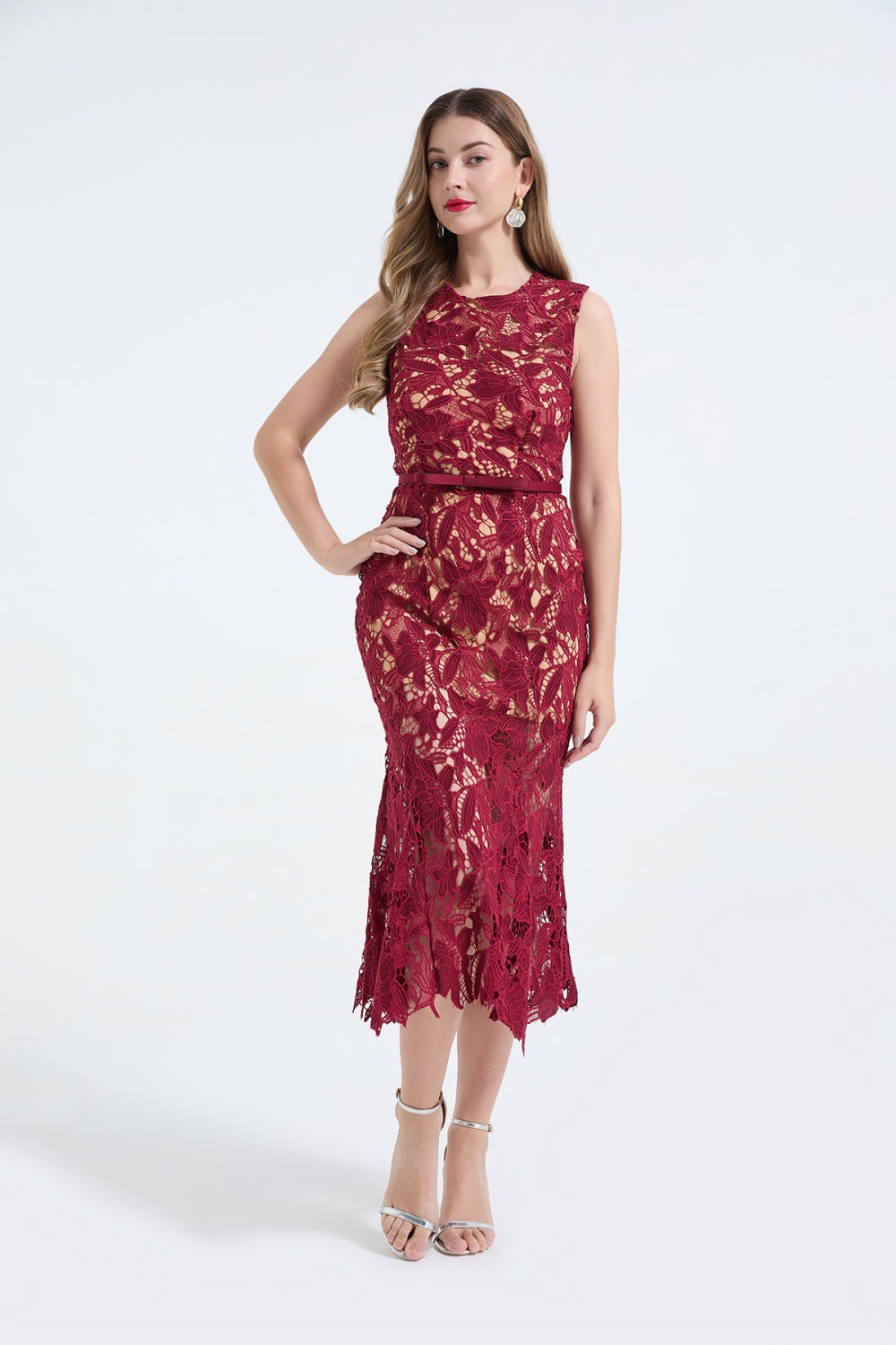 CM-DY068241 Women Elegant European Style Lace Round Neck Sleeveless High Waist Mermaid Dress (Available in 2 colors)