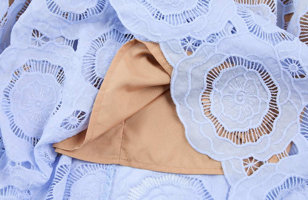 CM-DY068242 Women Elegant European Style Round Neck Short Sleeve Hollow Floral Lace Mini Dress (Available in 2 colors)