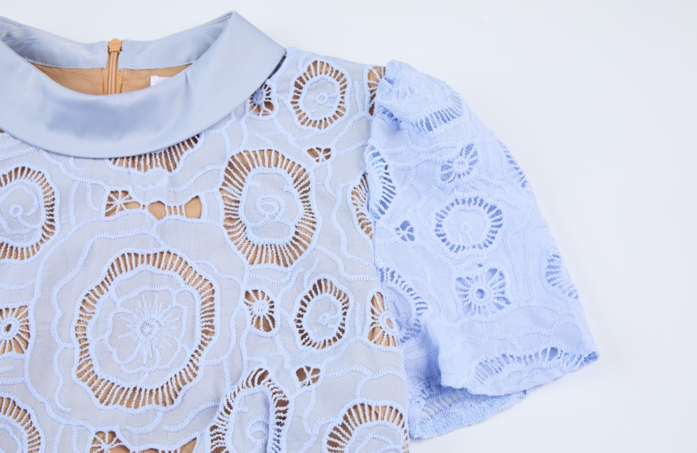 CM-DY068242 Women Elegant European Style Round Neck Short Sleeve Hollow Floral Lace Mini Dress (Available in 2 colors)