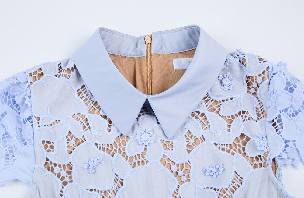 CM-DY068243 Women Elegant European Style Shirt Collar Cap Sleeve High Waist Lace Floral Fishtail Dress (Available in 3 colors)