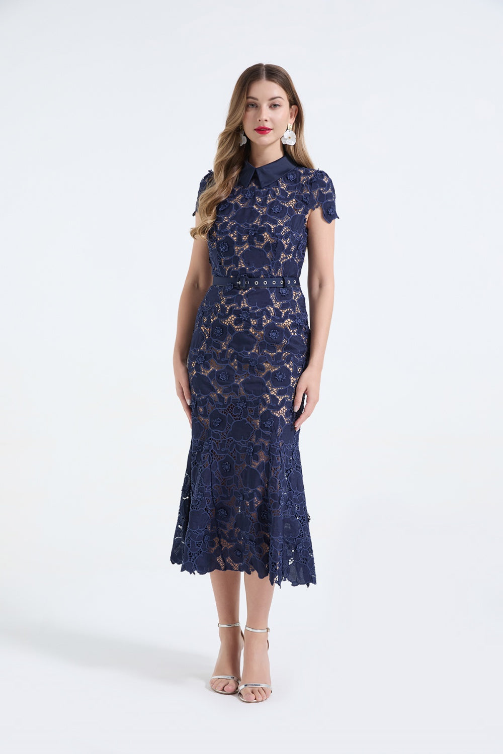 CM-DY068243 Women Elegant European Style Shirt Collar Cap Sleeve High Waist Lace Floral Fishtail Dress (Available in 3 colors)