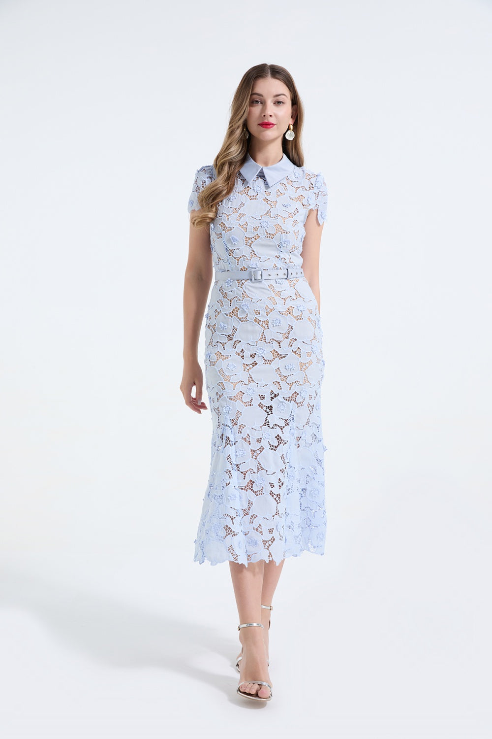 CM-DY068243 Women Elegant European Style Shirt Collar Cap Sleeve High Waist Lace Floral Fishtail Dress (Available in 3 colors)