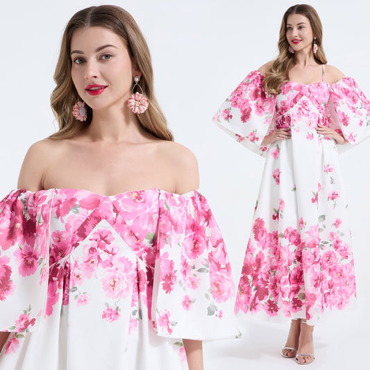 CM-DY068245 Women Elegant European Style Floral Print Off The Shoulder Short Sleeve High Waist Long Dress - Pink