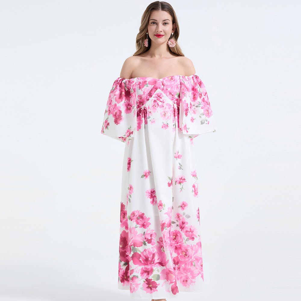 CM-DY068245 Women Elegant European Style Floral Print Off The Shoulder Short Sleeve High Waist Long Dress - Pink