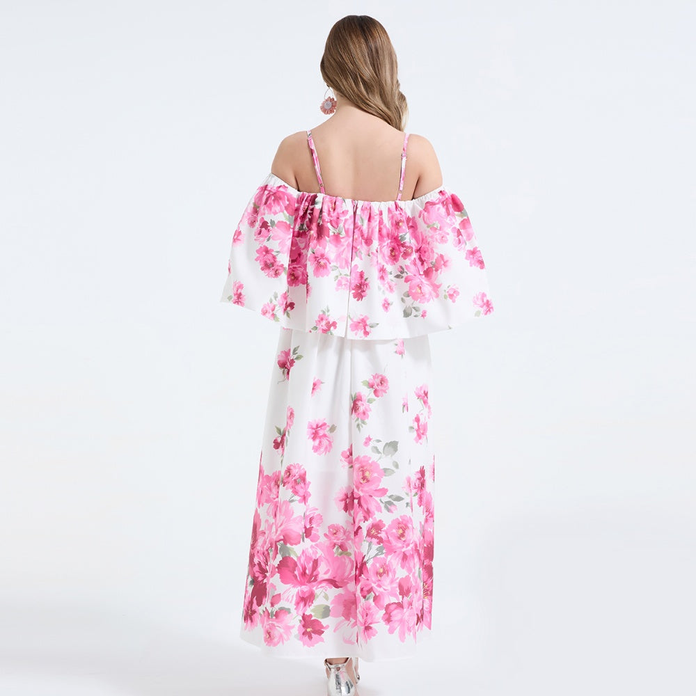 CM-DY068245 Women Elegant European Style Floral Print Off The Shoulder Short Sleeve High Waist Long Dress - Pink