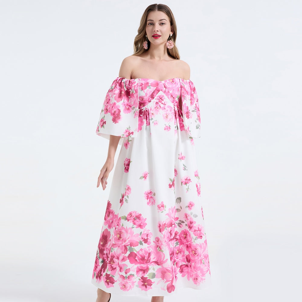 CM-DY068245 Women Elegant European Style Floral Print Off The Shoulder Short Sleeve High Waist Long Dress - Pink