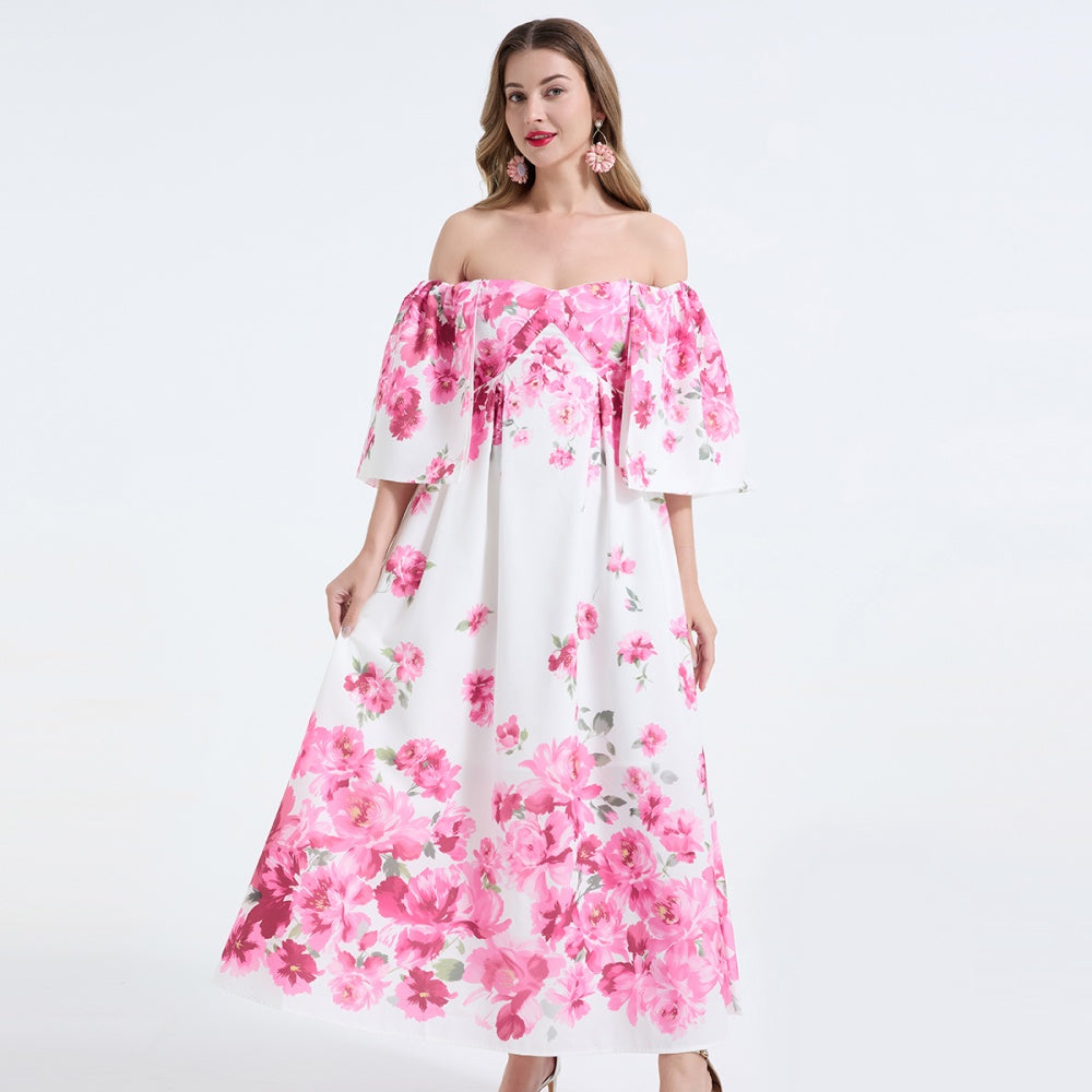 CM-DY068245 Women Elegant European Style Floral Print Off The Shoulder Short Sleeve High Waist Long Dress - Pink