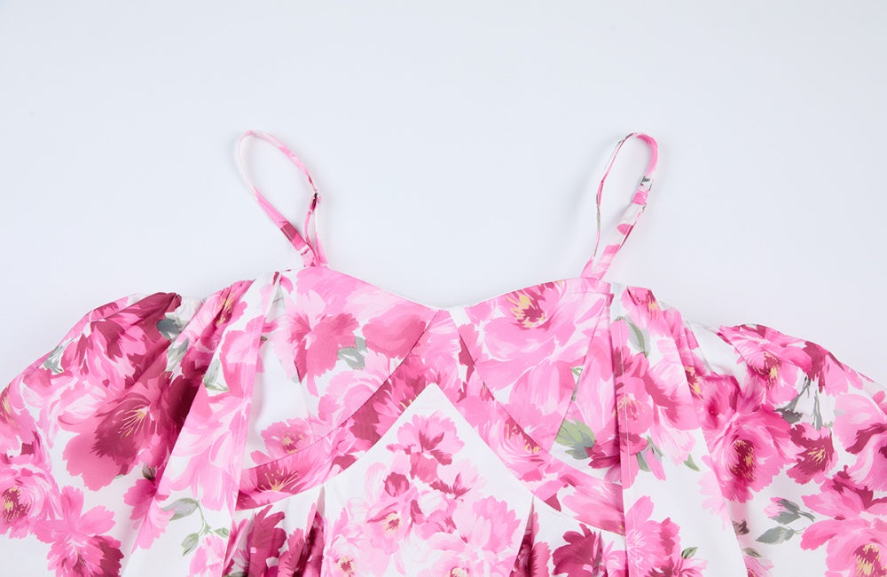 CM-DY068245 Women Elegant European Style Floral Print Off The Shoulder Short Sleeve High Waist Long Dress - Pink