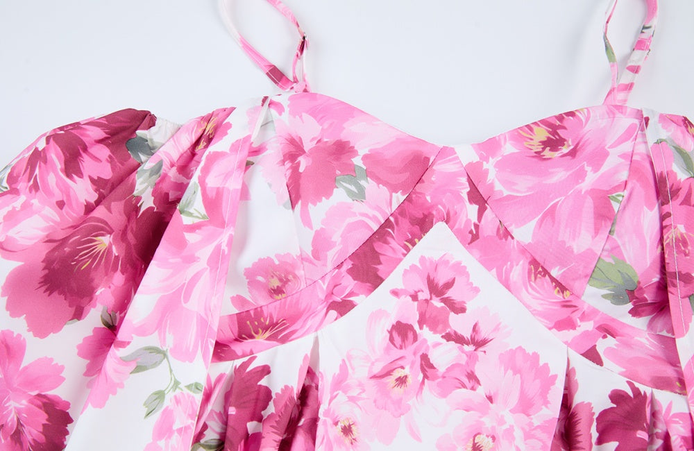 CM-DY068245 Women Elegant European Style Floral Print Off The Shoulder Short Sleeve High Waist Long Dress - Pink