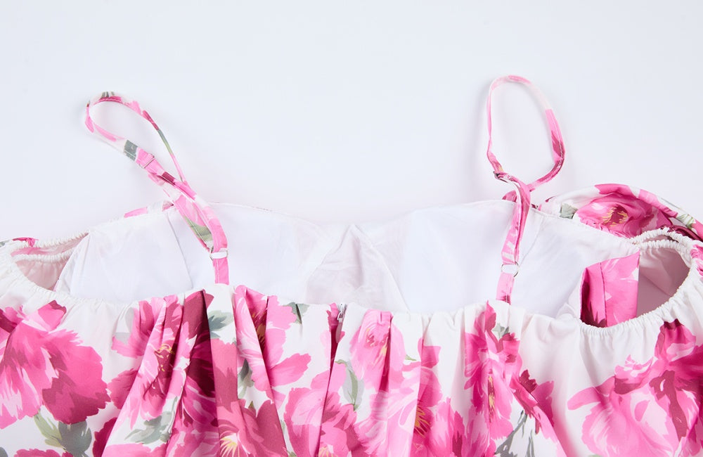 CM-DY068245 Women Elegant European Style Floral Print Off The Shoulder Short Sleeve High Waist Long Dress - Pink