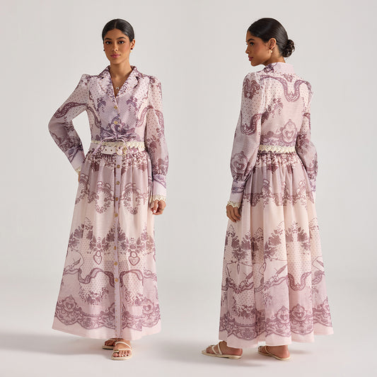 CM-SY068443 Women Elegant European Style Floral Print Collar Neckline Long Sleeve Top With Maxi Skirt - Set