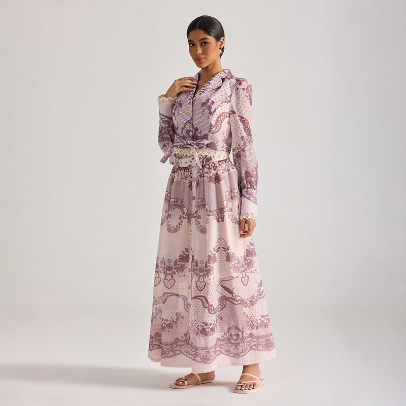 CM-SY068443 Women Elegant European Style Floral Print Collar Neckline Long Sleeve Top With Maxi Skirt - Set
