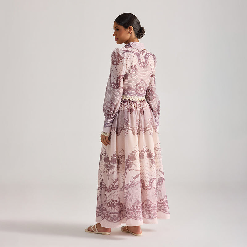 CM-SY068443 Women Elegant European Style Floral Print Collar Neckline Long Sleeve Top With Maxi Skirt - Set