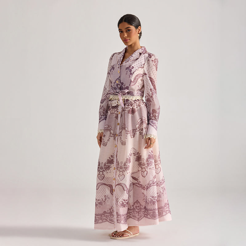 CM-SY068443 Women Elegant European Style Floral Print Collar Neckline Long Sleeve Top With Maxi Skirt - Set