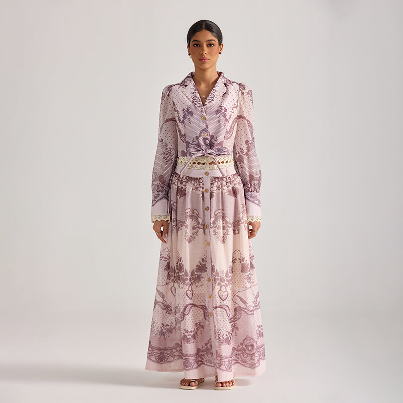 CM-SY068443 Women Elegant European Style Floral Print Collar Neckline Long Sleeve Top With Maxi Skirt - Set
