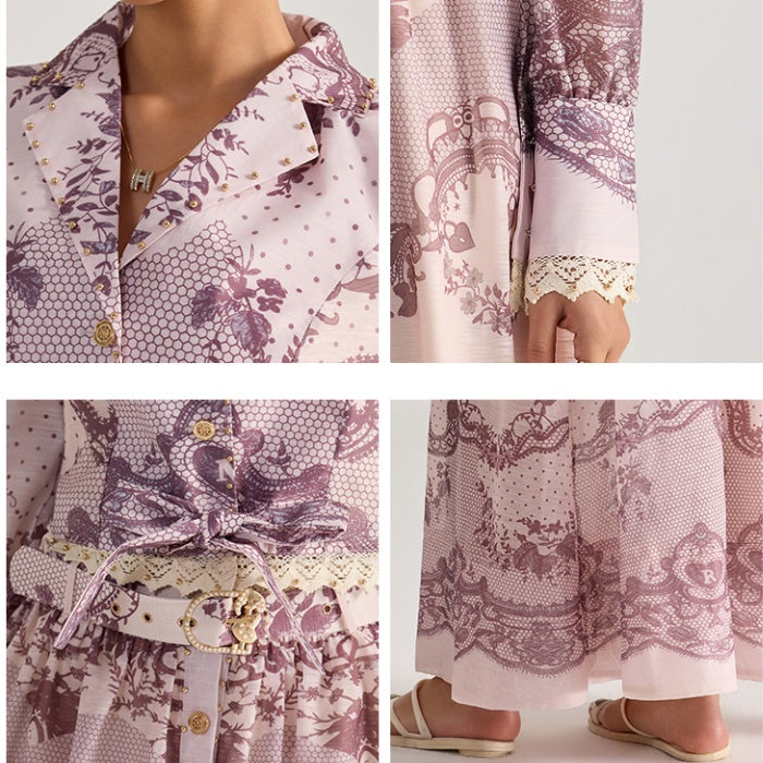 CM-SY068443 Women Elegant European Style Floral Print Collar Neckline Long Sleeve Top With Maxi Skirt - Set
