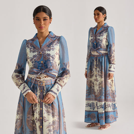 CM-SY068444 Women Elegant European Style Floral Print Collar Neckline Long Sleeve Top With Maxi Skirt - Set