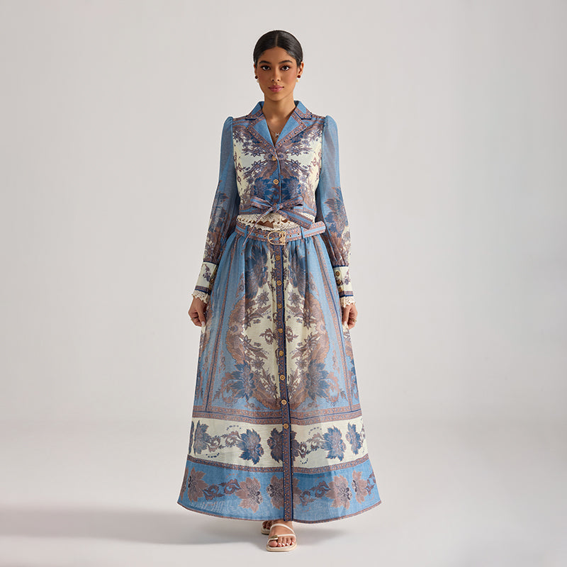 CM-SY068444 Women Elegant European Style Floral Print Collar Neckline Long Sleeve Top With Maxi Skirt - Set