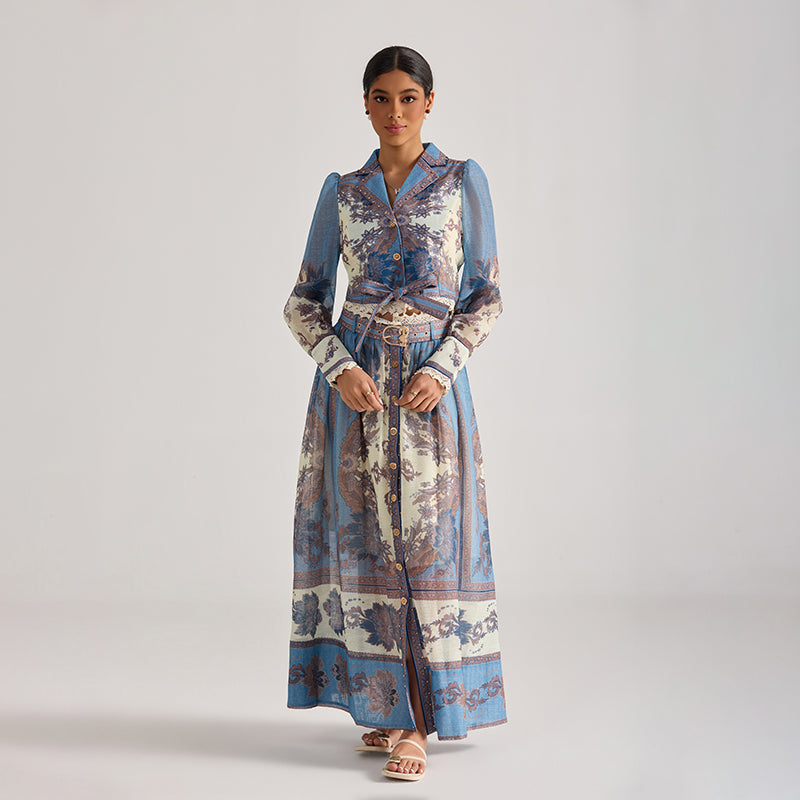 CM-SY068444 Women Elegant European Style Floral Print Collar Neckline Long Sleeve Top With Maxi Skirt - Set