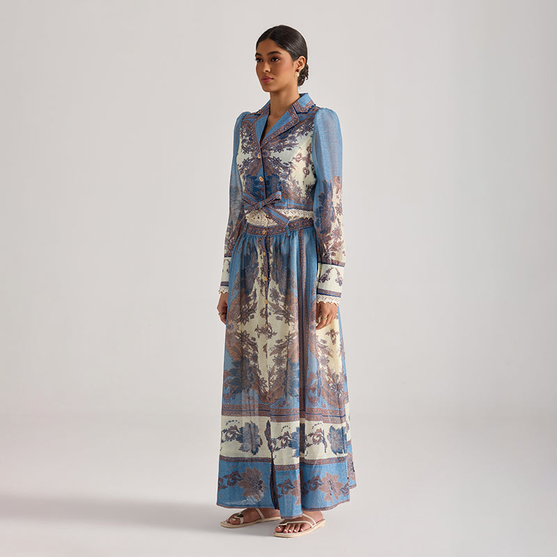 CM-SY068444 Women Elegant European Style Floral Print Collar Neckline Long Sleeve Top With Maxi Skirt - Set