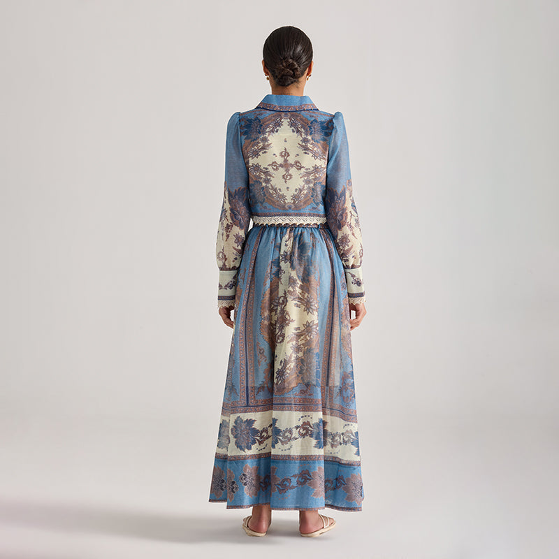 CM-SY068444 Women Elegant European Style Floral Print Collar Neckline Long Sleeve Top With Maxi Skirt - Set