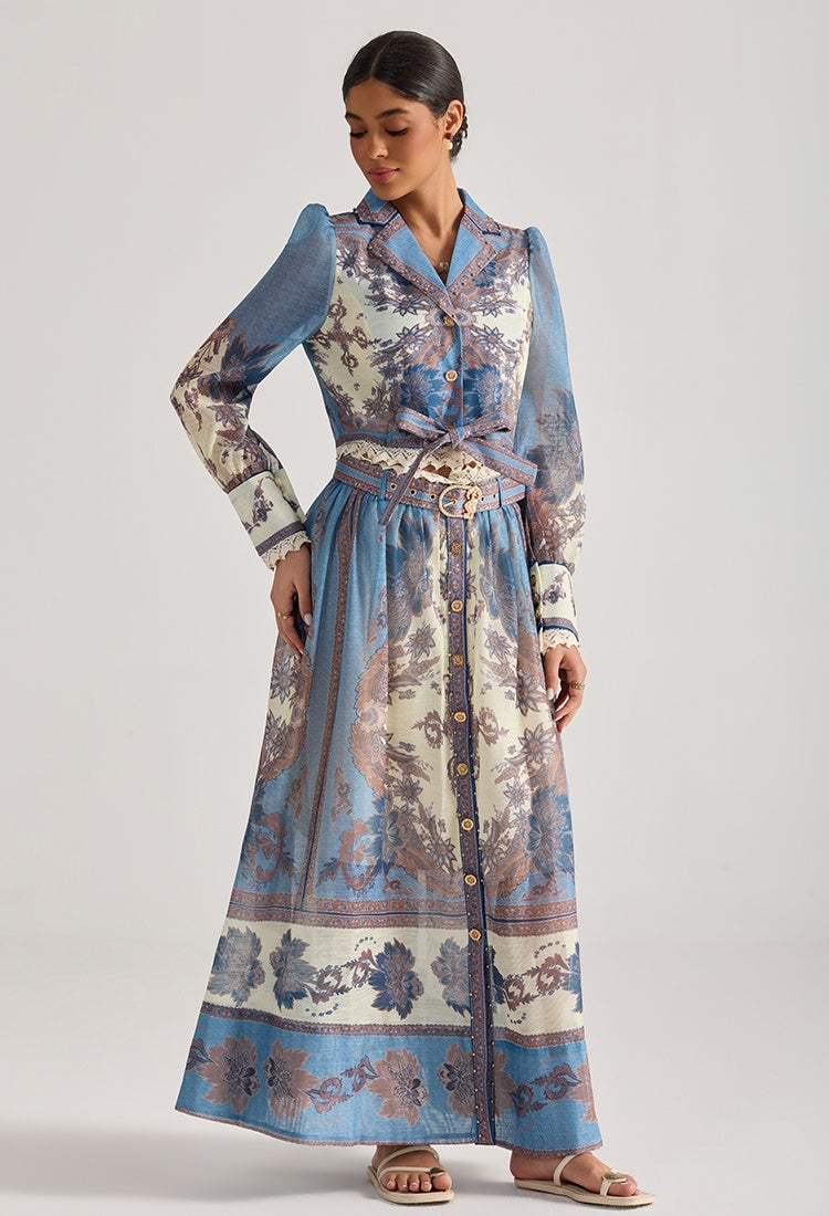 CM-SY068444 Women Elegant European Style Floral Print Collar Neckline Long Sleeve Top With Maxi Skirt - Set
