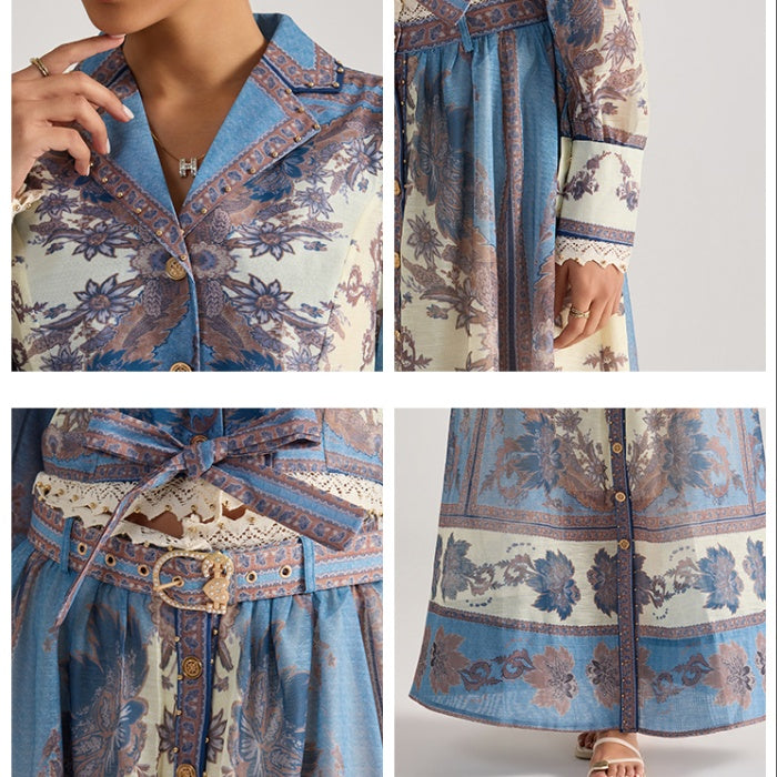CM-SY068444 Women Elegant European Style Floral Print Collar Neckline Long Sleeve Top With Maxi Skirt - Set