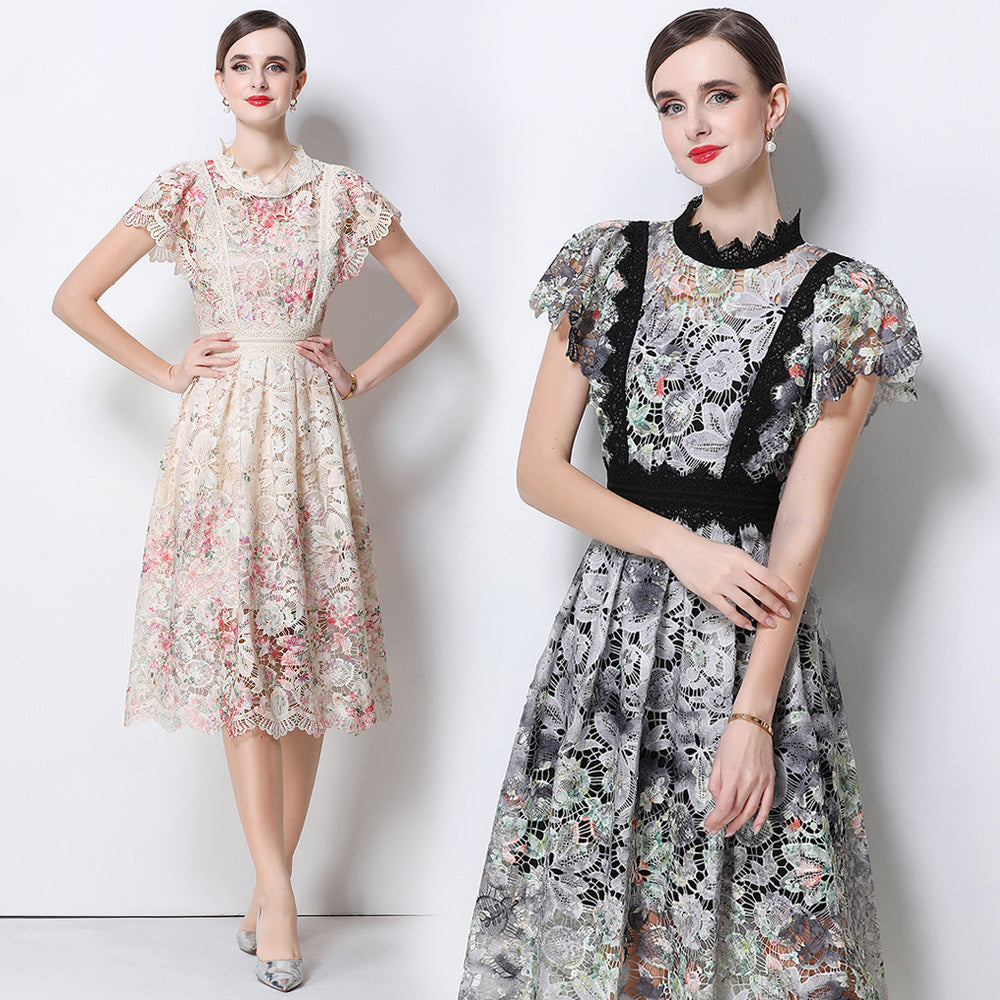 CM-DY068643 Women Elegant European Style Stand Collar Cap Sleeve Lace Crochet Hollow Out Long Dress (Available in 2 colors)