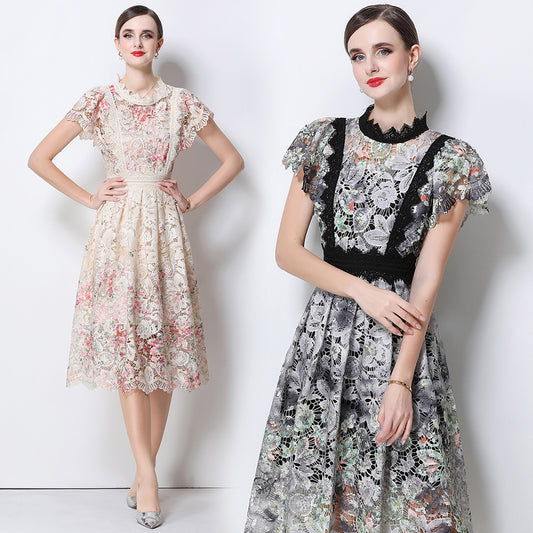 CM-DY068643 Women Elegant European Style Stand Collar Cap Sleeve Lace Crochet Hollow Out Long Dress (Available in 2 colors)