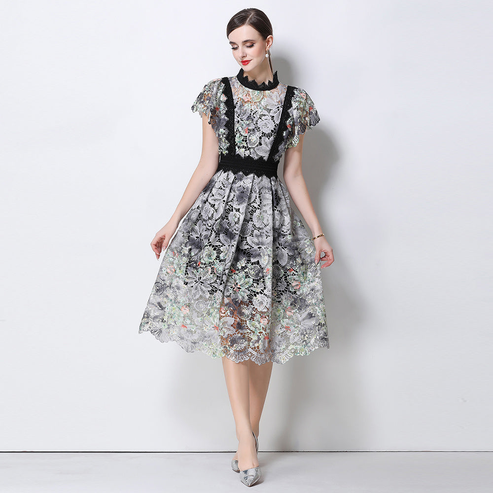CM-DY068643 Women Elegant European Style Stand Collar Cap Sleeve Lace Crochet Hollow Out Long Dress (Available in 2 colors)