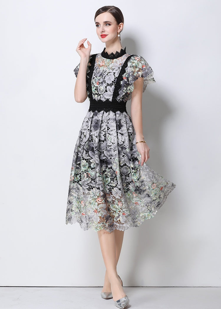CM-DY068643 Women Elegant European Style Stand Collar Cap Sleeve Lace Crochet Hollow Out Long Dress (Available in 2 colors)