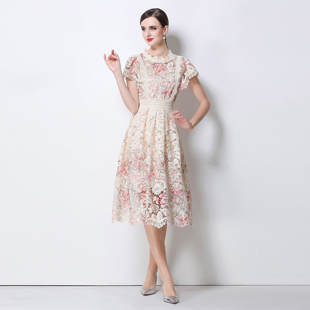 CM-DY068643 Women Elegant European Style Stand Collar Cap Sleeve Lace Crochet Hollow Out Long Dress (Available in 2 colors)