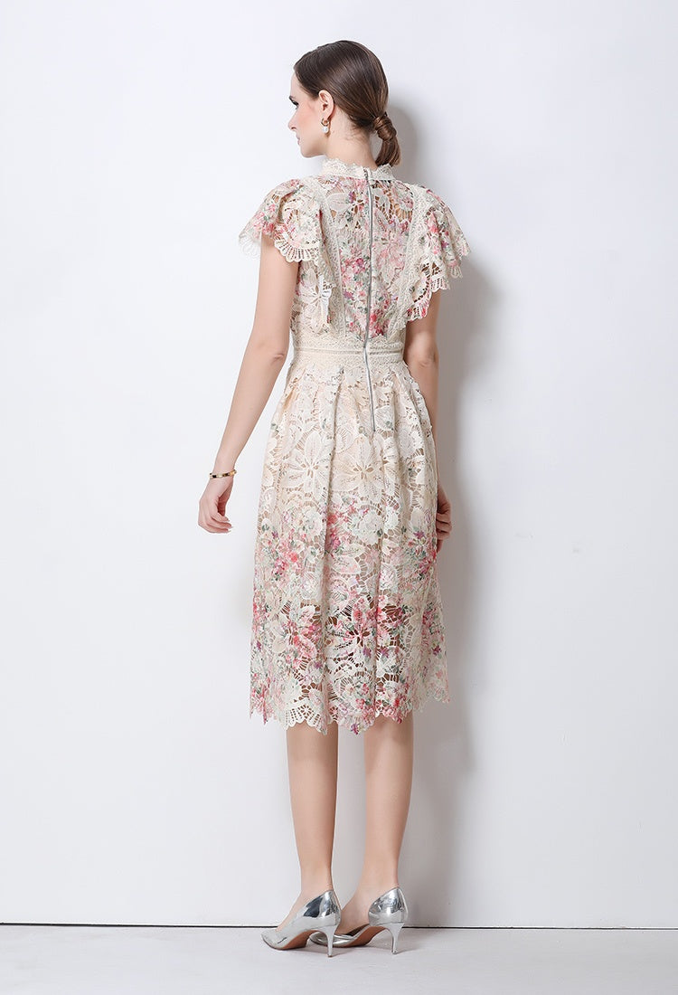 CM-DY068643 Women Elegant European Style Stand Collar Cap Sleeve Lace Crochet Hollow Out Long Dress (Available in 2 colors)
