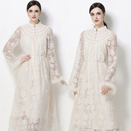 CM-DY068720 Women Elegant European Style Stand Collar Princess Sleeve Embroidered Long Dress - Apricot