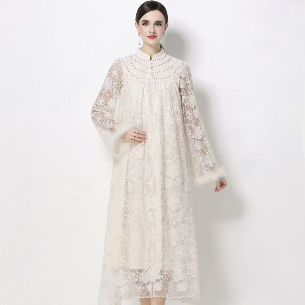 CM-DY068720 Women Elegant European Style Stand Collar Princess Sleeve Embroidered Long Dress - Apricot