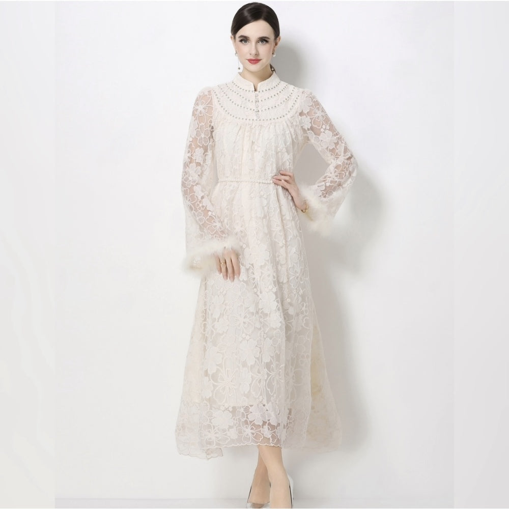 CM-DY068720 Women Elegant European Style Stand Collar Princess Sleeve Embroidered Long Dress - Apricot