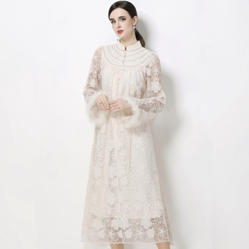 CM-DY068720 Women Elegant European Style Stand Collar Princess Sleeve Embroidered Long Dress - Apricot